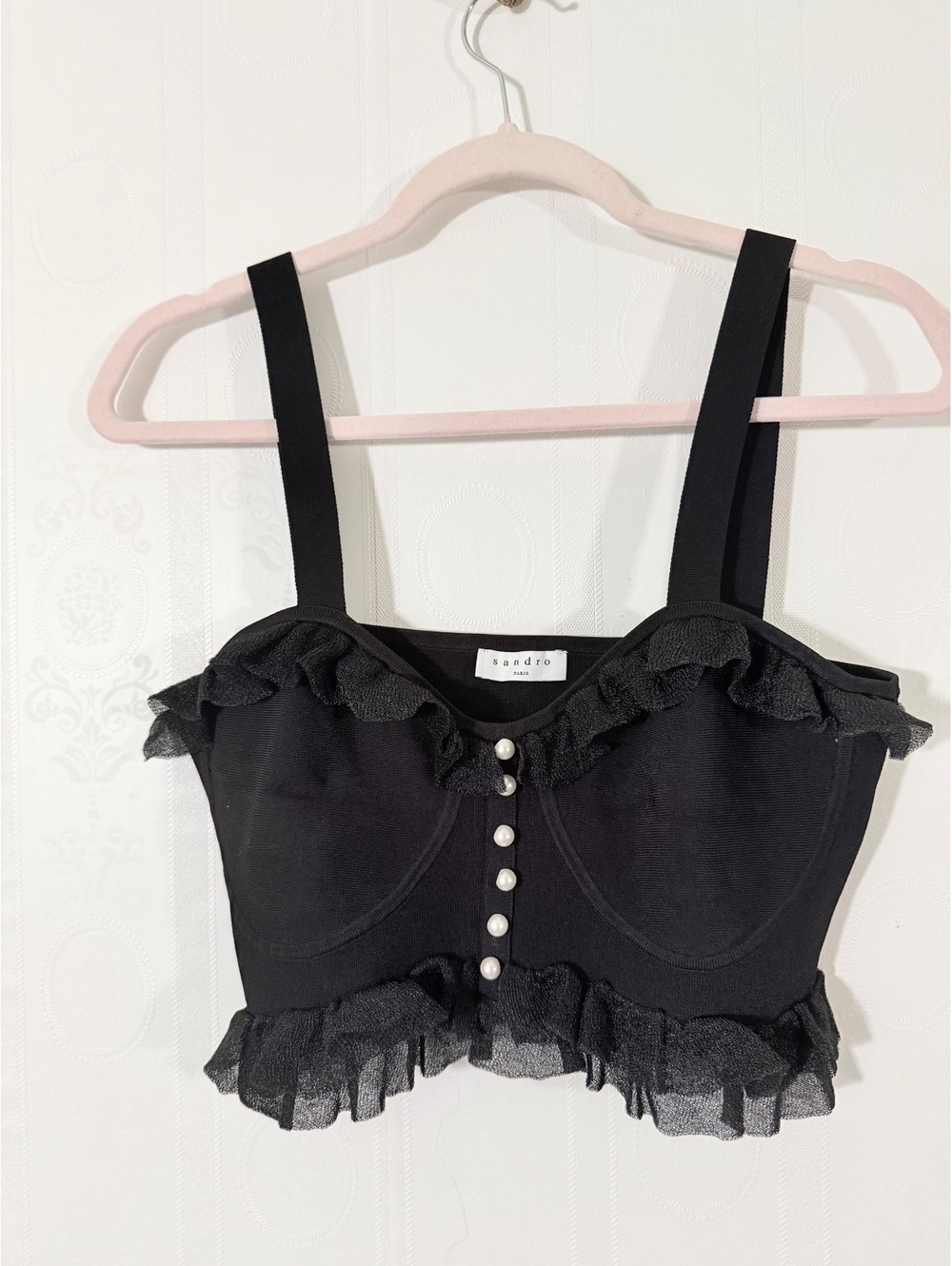 Sandro Black Cropped Bodice Top with Pearl Embellishment | Size 4